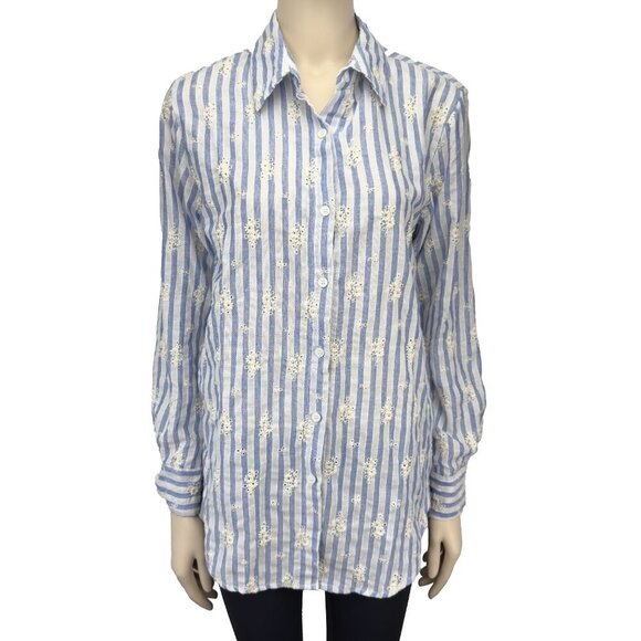 SENSUNIQ PARIS Cotton Striped Blue White Buttoned Up Embroided Floral Shirt sz M - Picture 1 of 7